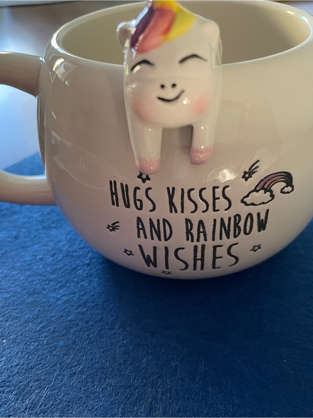 Whimsical White Unicorn Ceramic Coffee Mug - Hugs Kisses and Rainbow Wishes